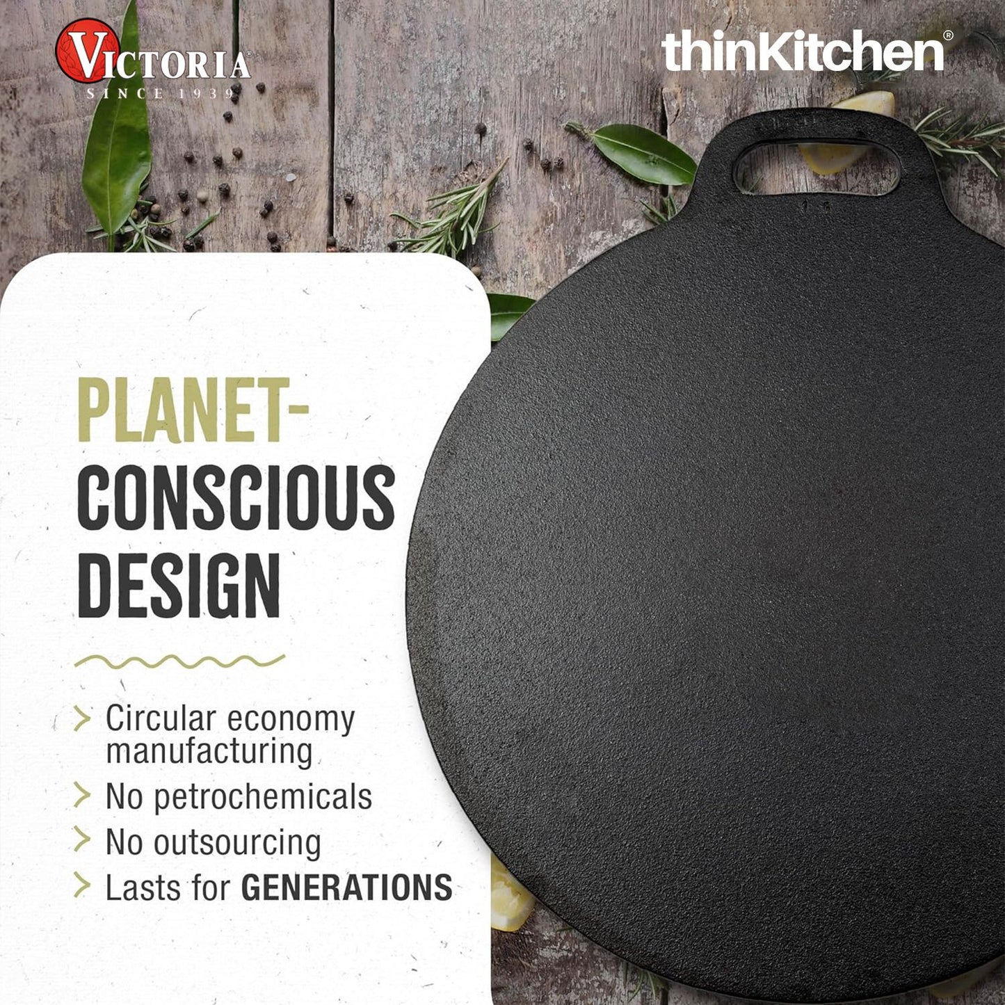 Victoria 12-Inch Cast Iron Tawa Dosa Pan, Pizza Pan with a Loop Handle, Crepe Pan Preseasoned with Flaxseed Oil, Made in Colombia