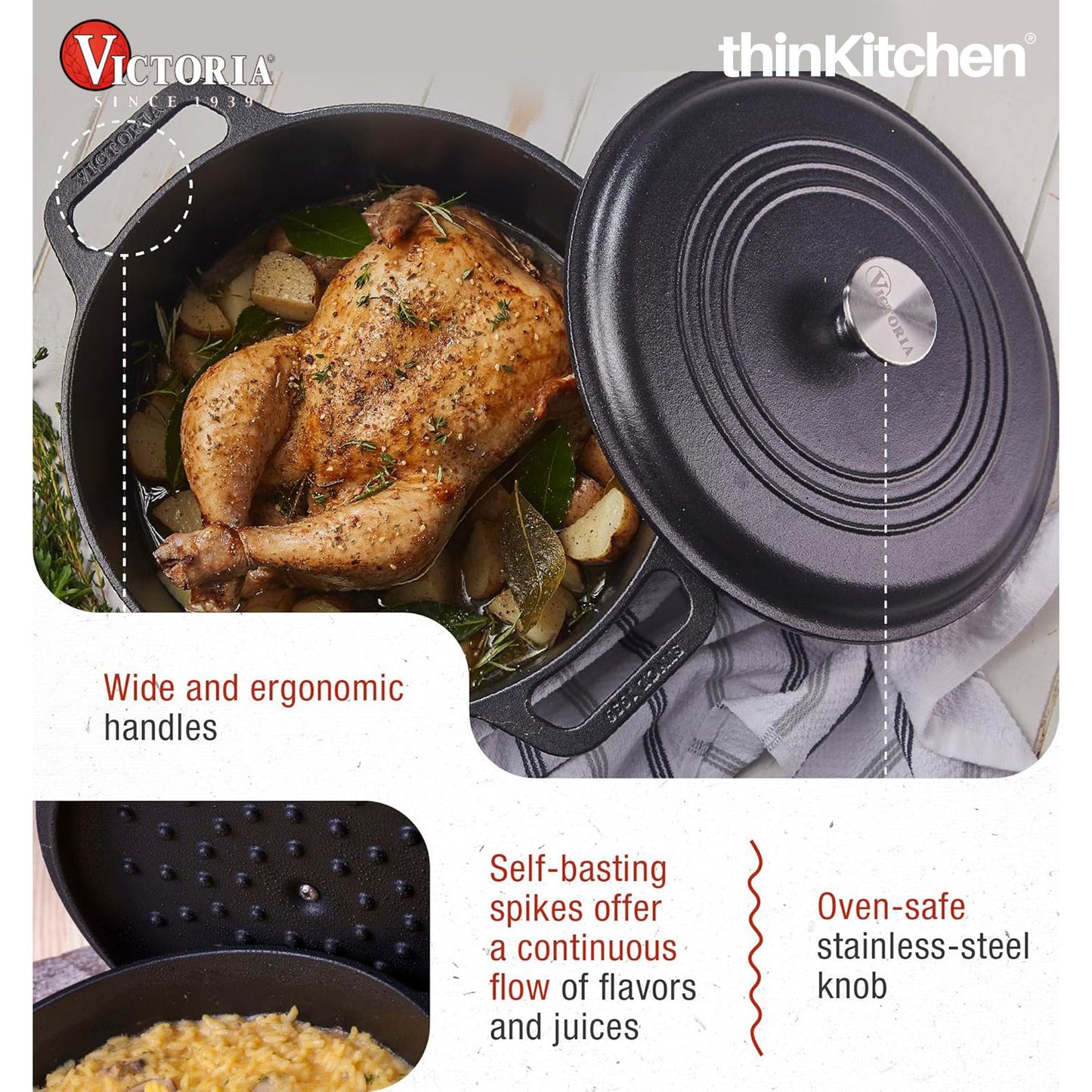 Victoria 6-Quart Cast Iron Dutch Oven with Lid and Dual Loop Handles, Seasoned with Flaxseed Oil, Made in Colombia,Black
