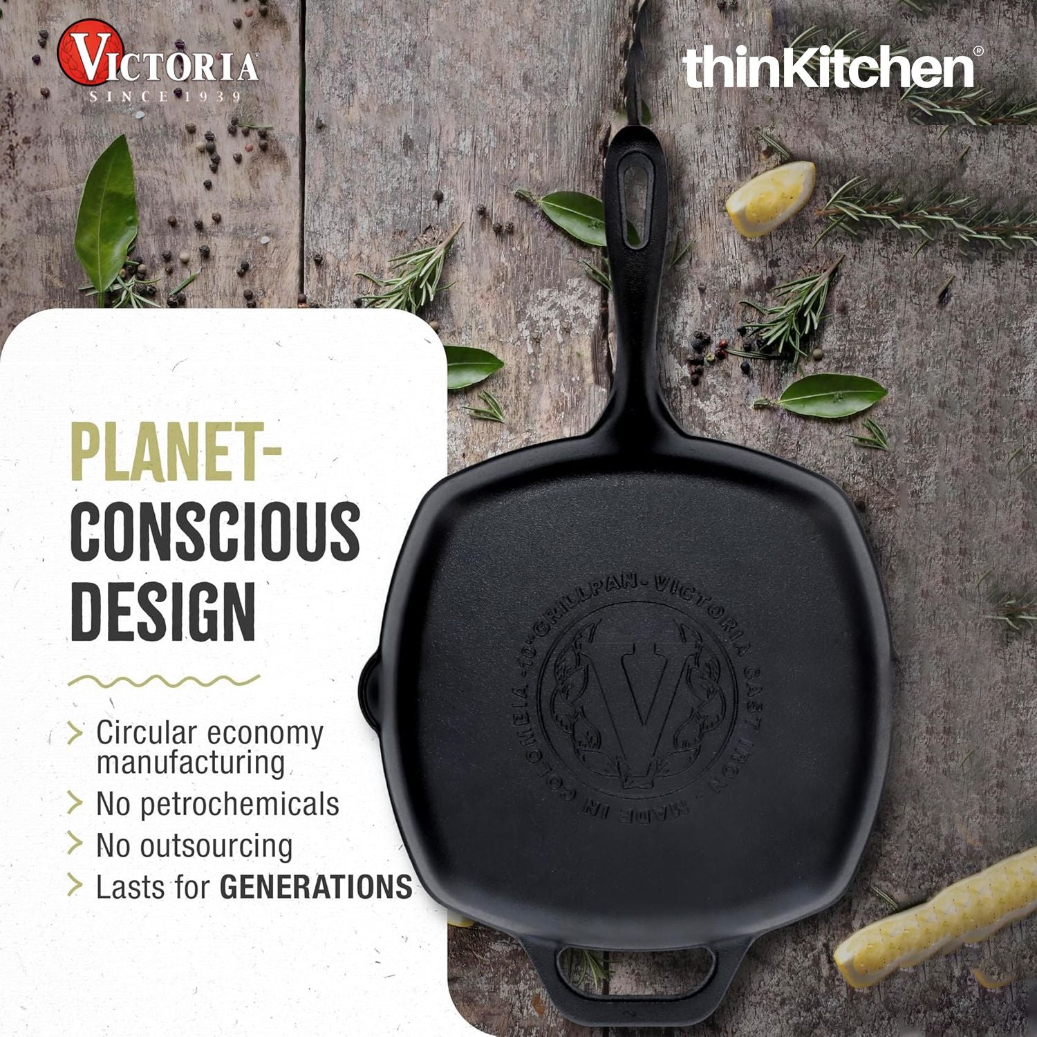 Victoria Cast Iron Grill Square Grill Pan, Seasoned with 100% Kosher Certified Non-GMO Flaxseed Oil, 10 Inch Black