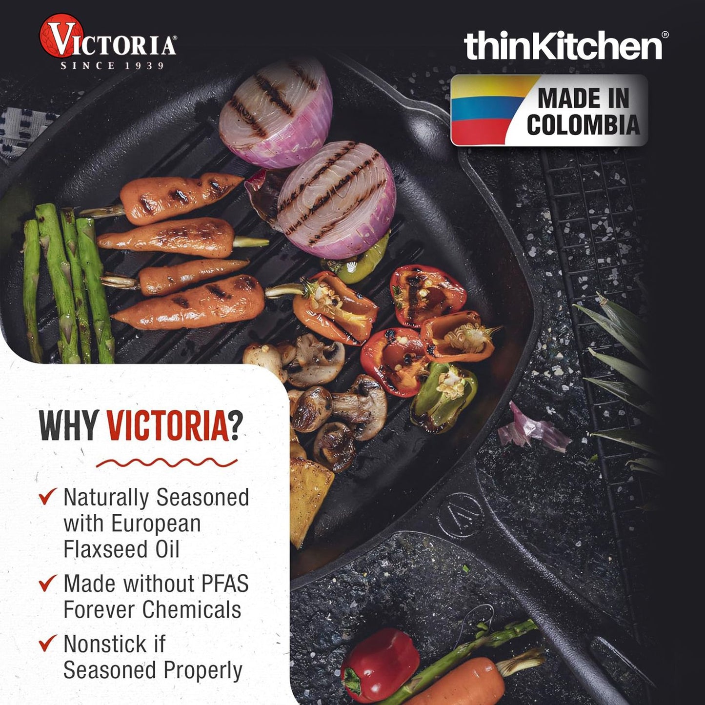Victoria Cast Iron Grill Pan. Square Grill Pan, Seasoned with 100% Kosher Certified Non-GMO Flaxseed Oil, 10 Inch Black