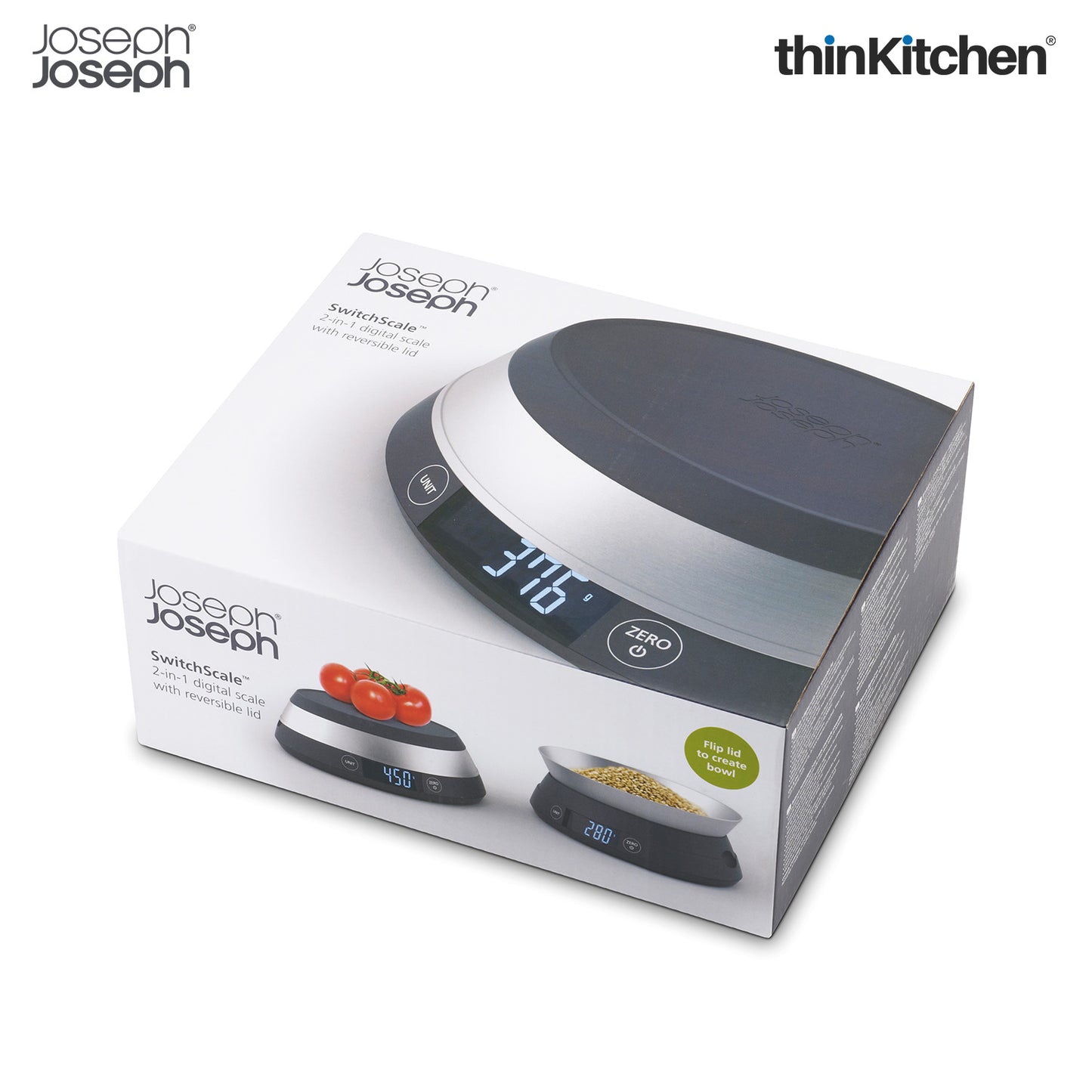 Joseph Joseph 2-in-1 Switch Digital Kitchen Scale with Reversible Lid – Grey | Compact, Precise & Stylish Weighing Solution for Solids & Liquids