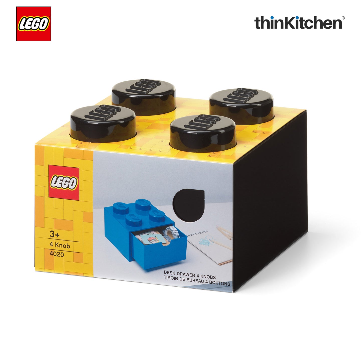 Small Stackable Storage Box with Drawer - 4 Knobs, 2.9 L, Black | Plastic Desk Organizer, Toy Storage Box