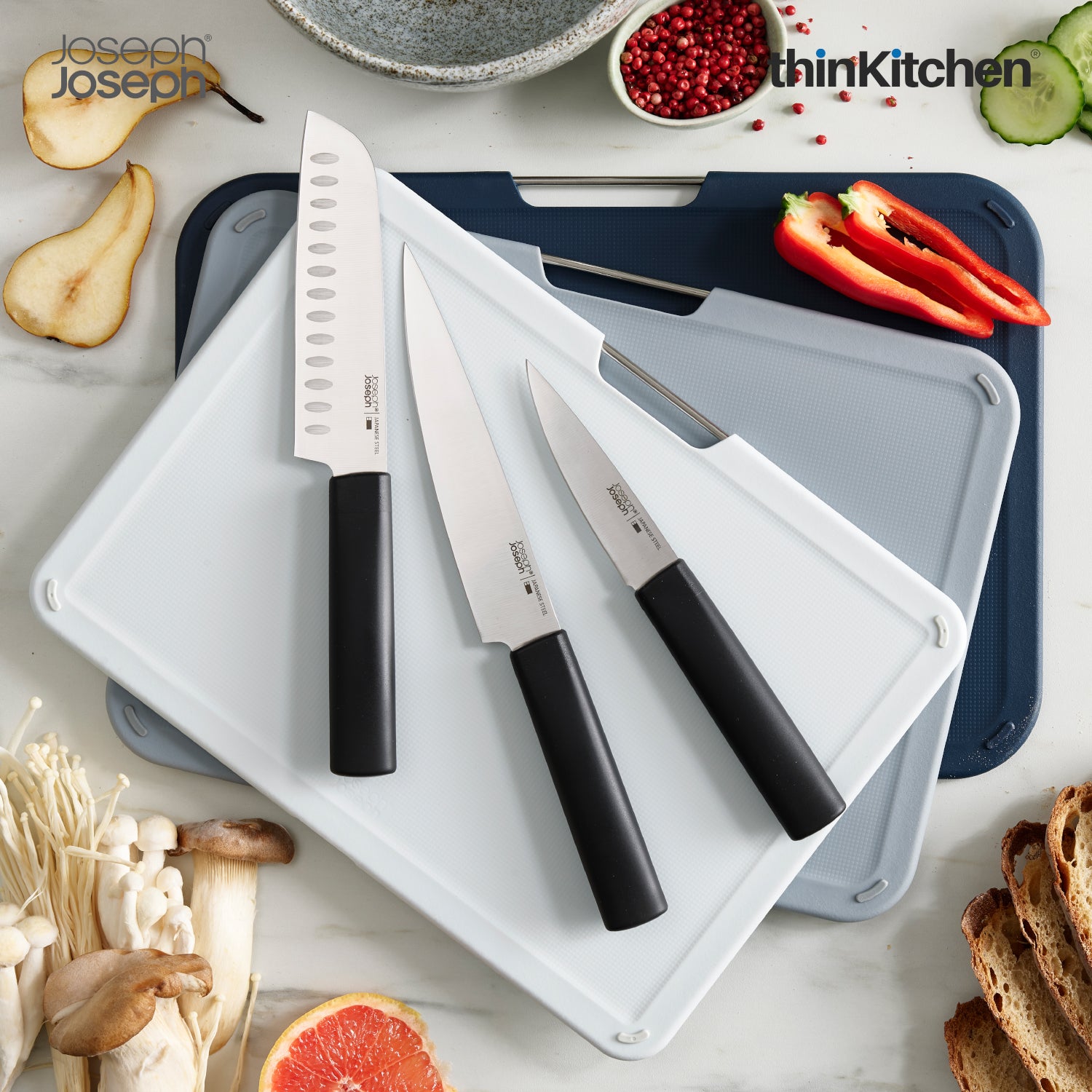 Joseph Joseph Nest Boards Plus 6-Piece Knife & Cutting Board Set – Premium Colour-Coded Chopping Boards & Knives with Storage Stand - 6
