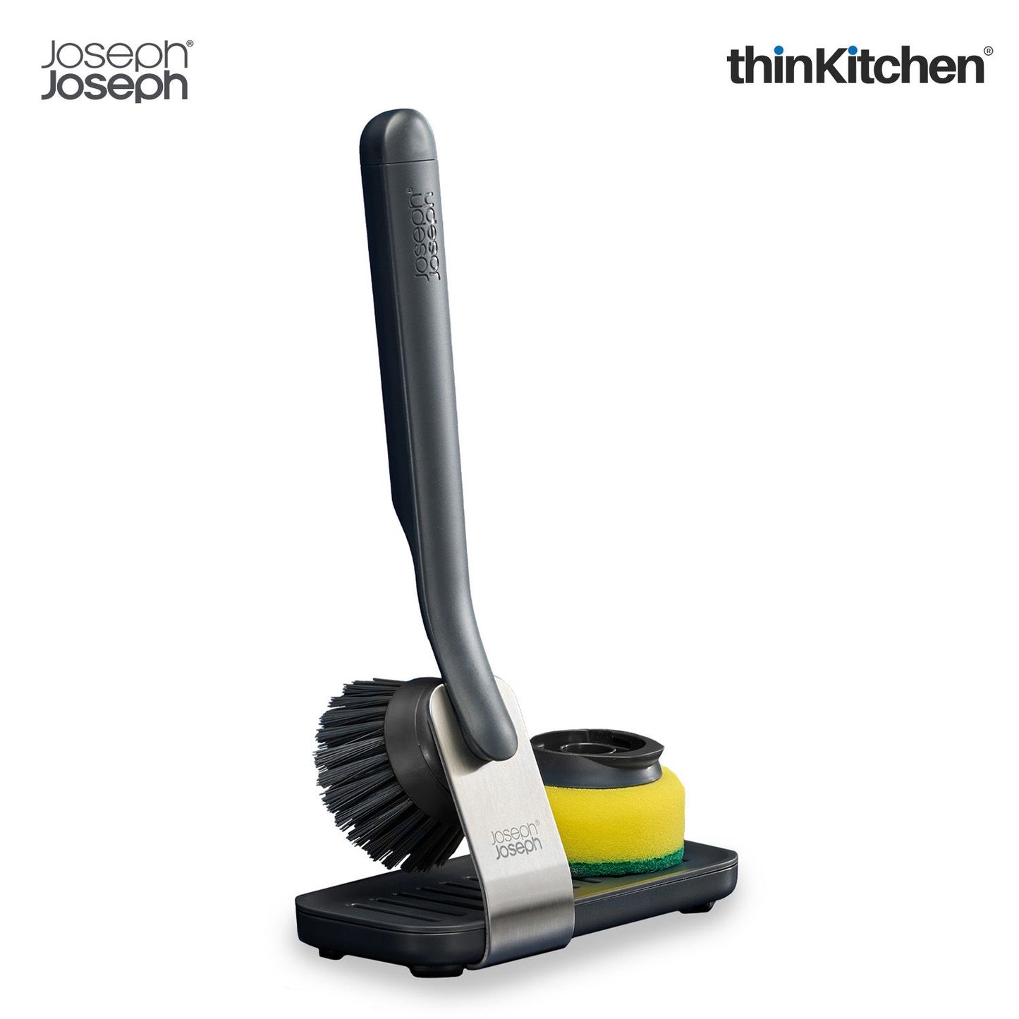 Joseph Joseph SinkTech Dish Brush and Sponge Set with Large Stainless-Steel Storage Stand, Durable Bristles, Replaceable Heads