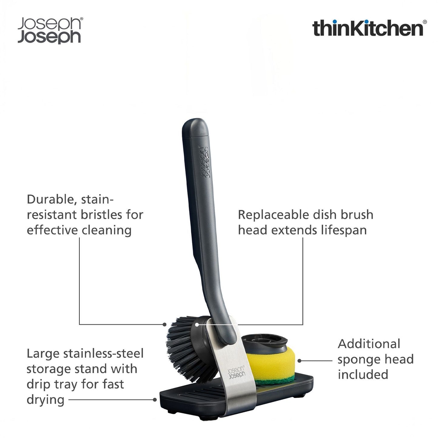 Joseph Joseph SinkTech Dish Brush and Sponge Set with Large Stainless-Steel Storage Stand, Durable Bristles, Replaceable Heads