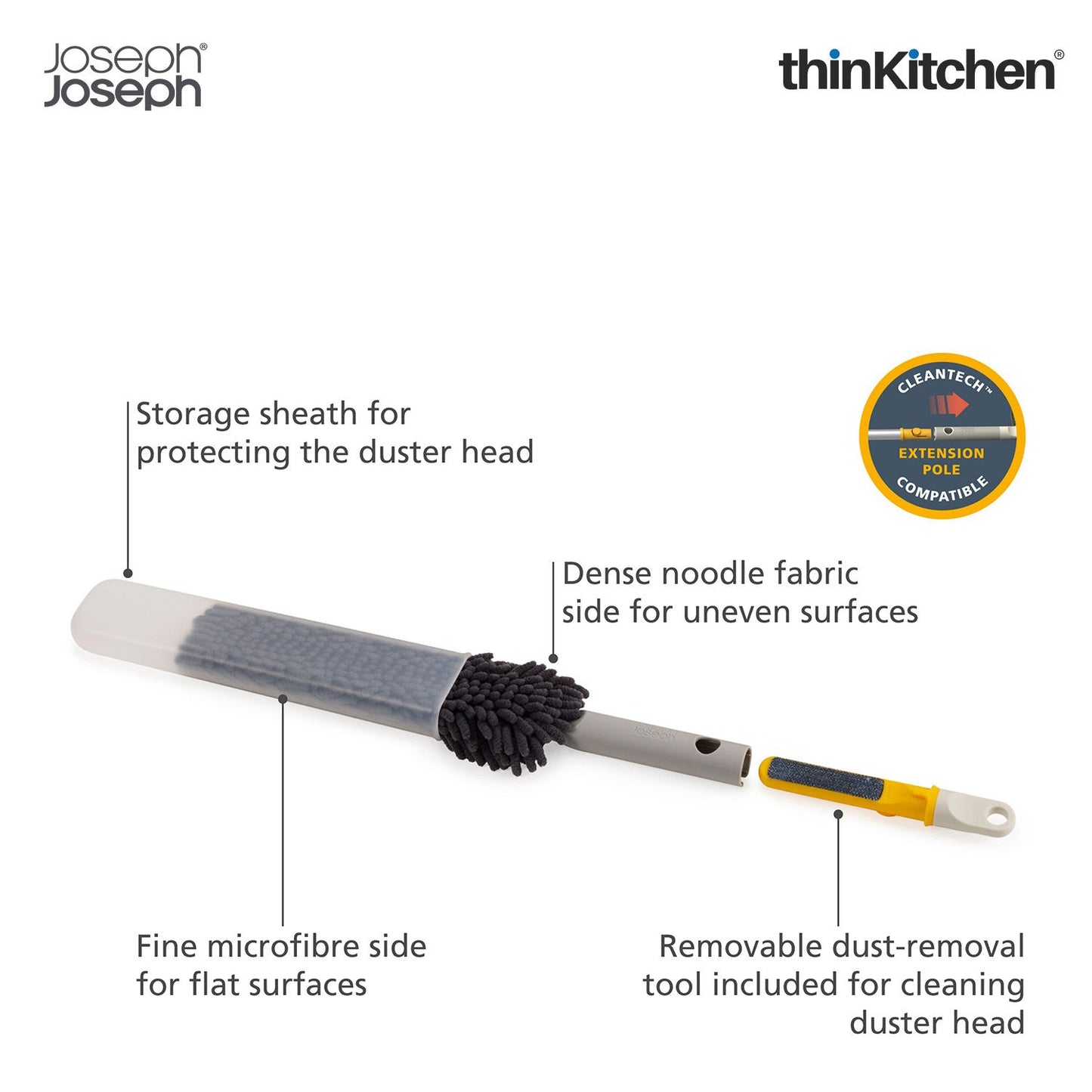 Joseph Joseph CleanTech 3-in-1 Duster with Storage Sheath and Duster Head Cleaning Tool, Light Stone
