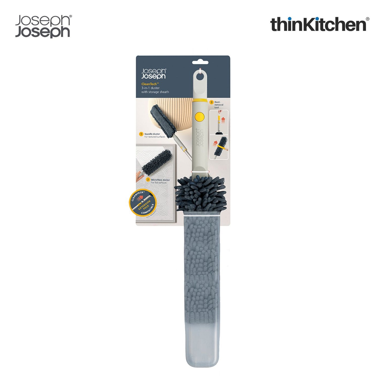 Joseph Joseph CleanTech 3-in-1 Duster with Storage Sheath and Duster Head Cleaning Tool, Light Stone