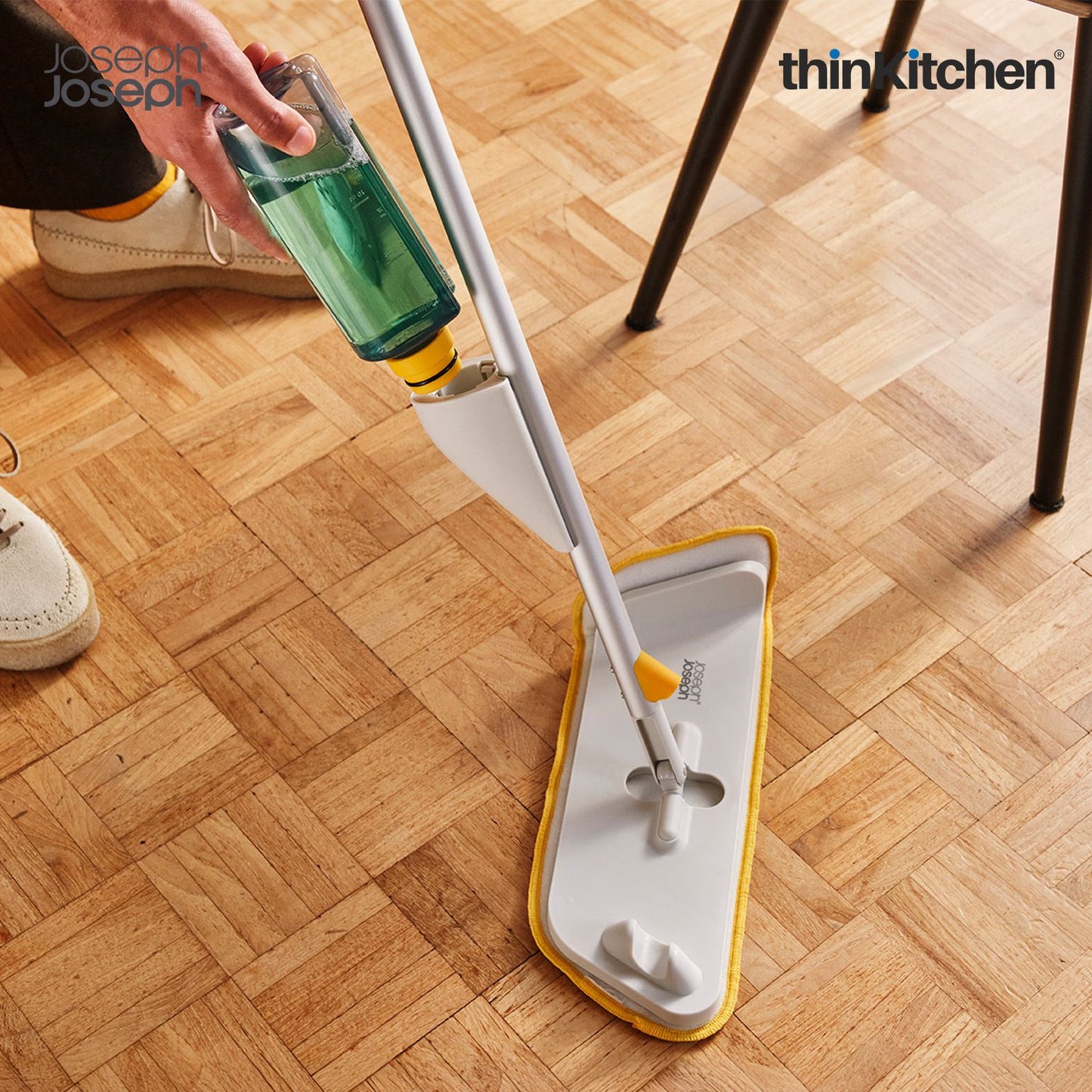 Joseph Joseph CleanTech 2-in-1 Spray Mop with Washable Microfibre Cleaning Pad, Spot-Cleaning Scrubber, Easy-Pull Trigger, Refillable Bottle, Light Stone