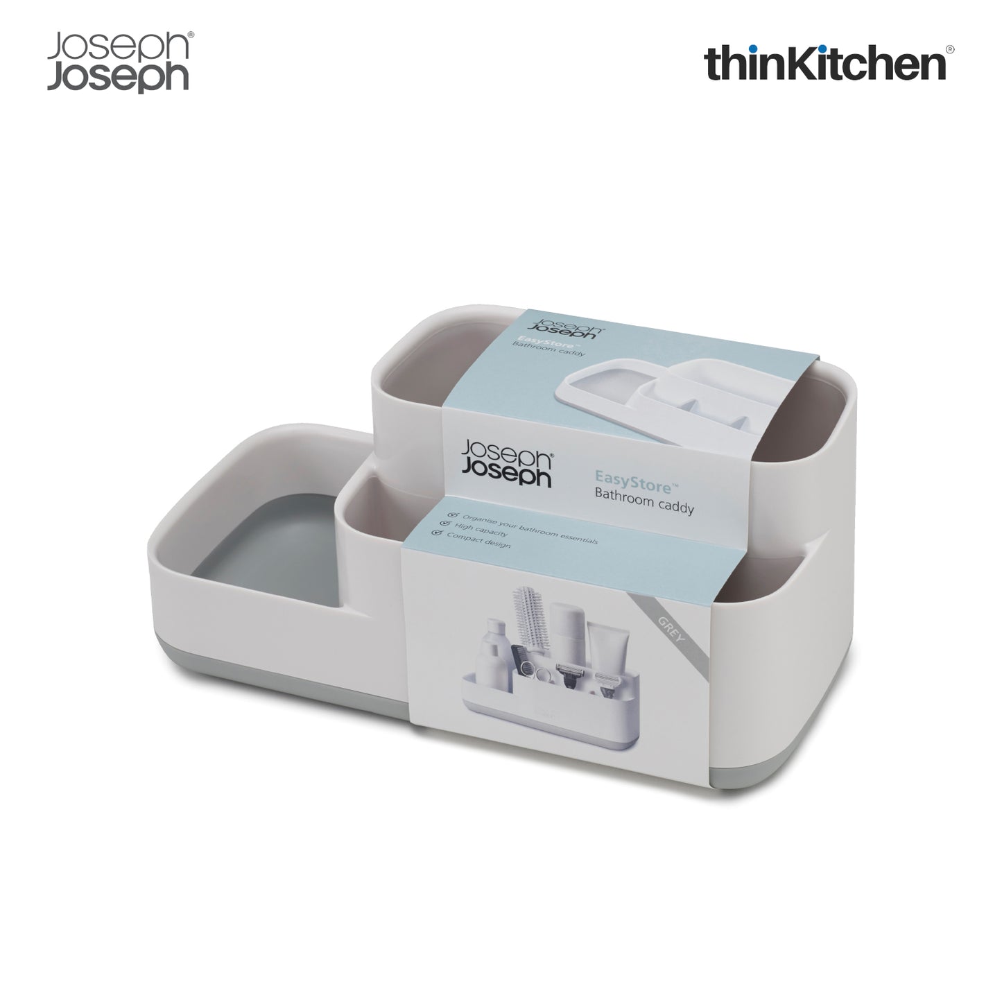 Joseph Joseph Easystore Bathroom Caddy Grey | Compact Organizer with Multi-Size Compartments | Stylish Storage for Makeup, Grooming Tools & Essentials
