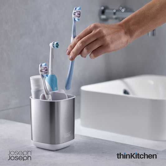 Joseph Joseph International EasyStore Toothbrush Caddy for Bathroom Sink, Bathroom Organizer| Plastic with Steel Finish