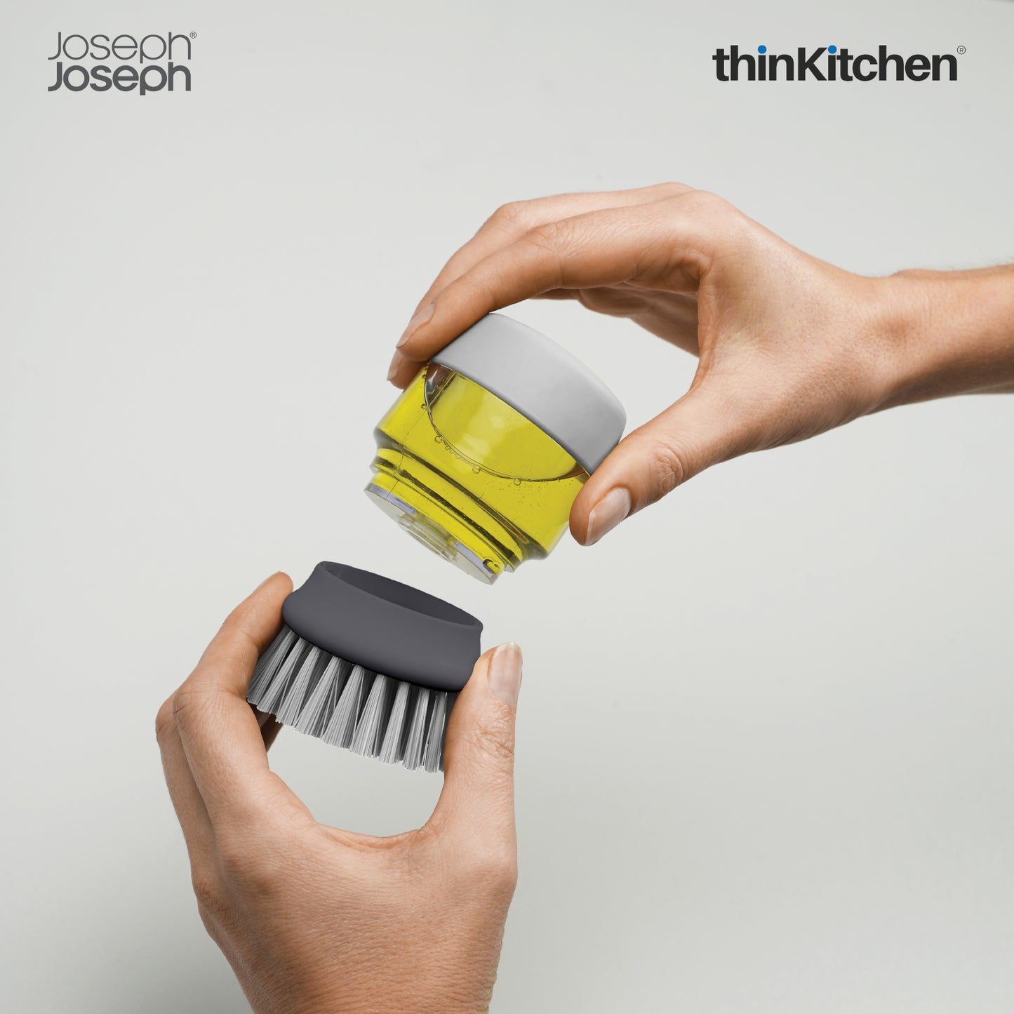 Joseph Joseph Palm Scrub Washing Up Brush – Grey | Compact Dish Brush with Soap Dispenser & Storage Stand