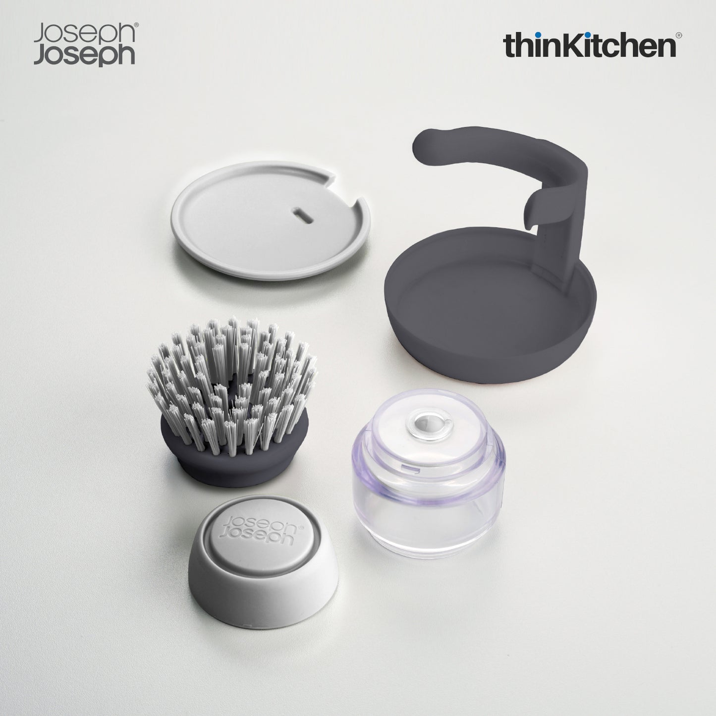 Joseph Joseph Palm Scrub Washing Up Brush – Grey | Compact Dish Brush with Soap Dispenser & Storage Stand