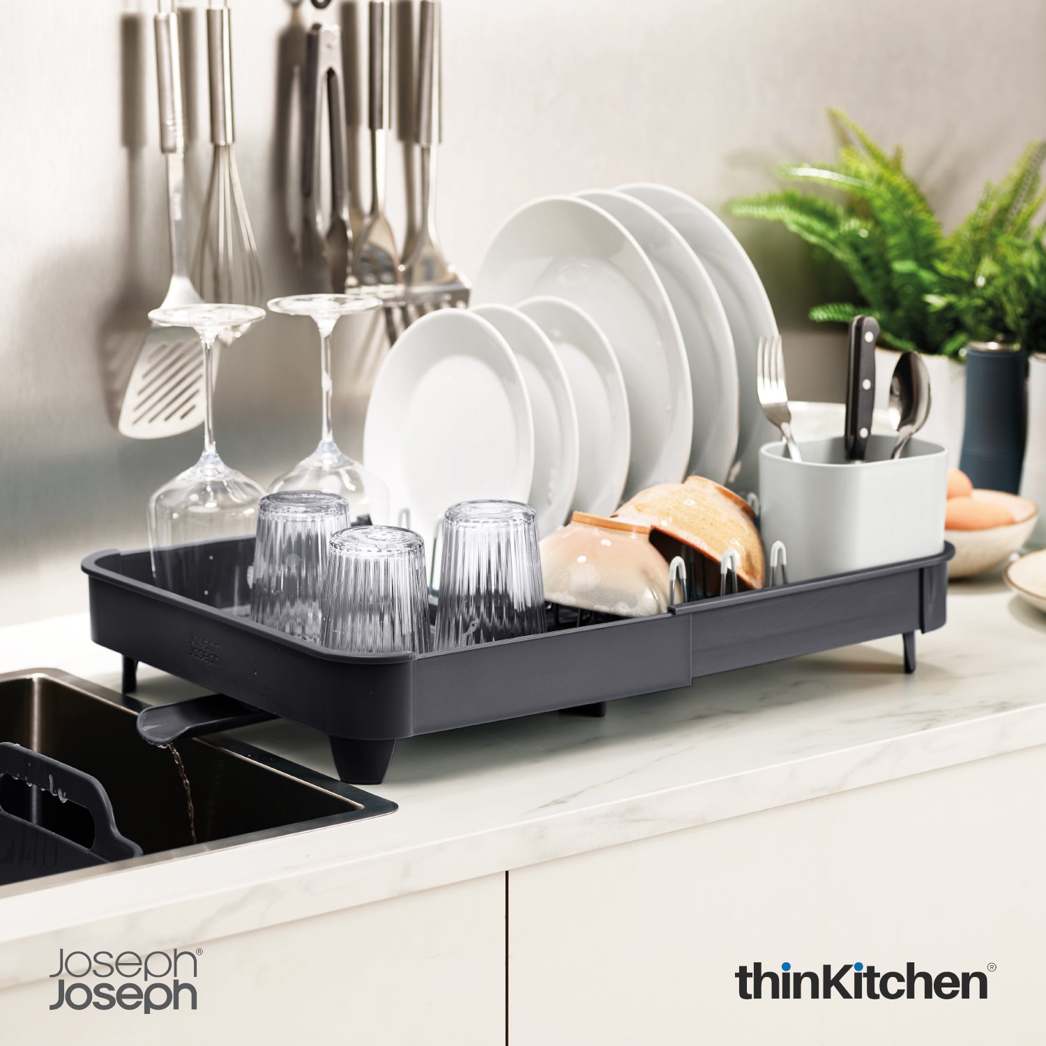 Joseph Joseph Expandable Dish Drying Rack – Grey Premium Kitchen Dish Rack for Drying Dishes with Drainer Spout, Cutlery Holder Non-Slip Base