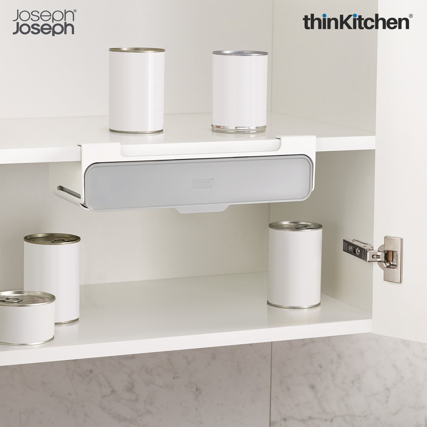 Joseph Joseph 85147 Cup Board Store Spice Organizer 3M Tape Under-Shelf Pull Out Drawer Stotage for Cabinet, One-Size, Gray/White.
