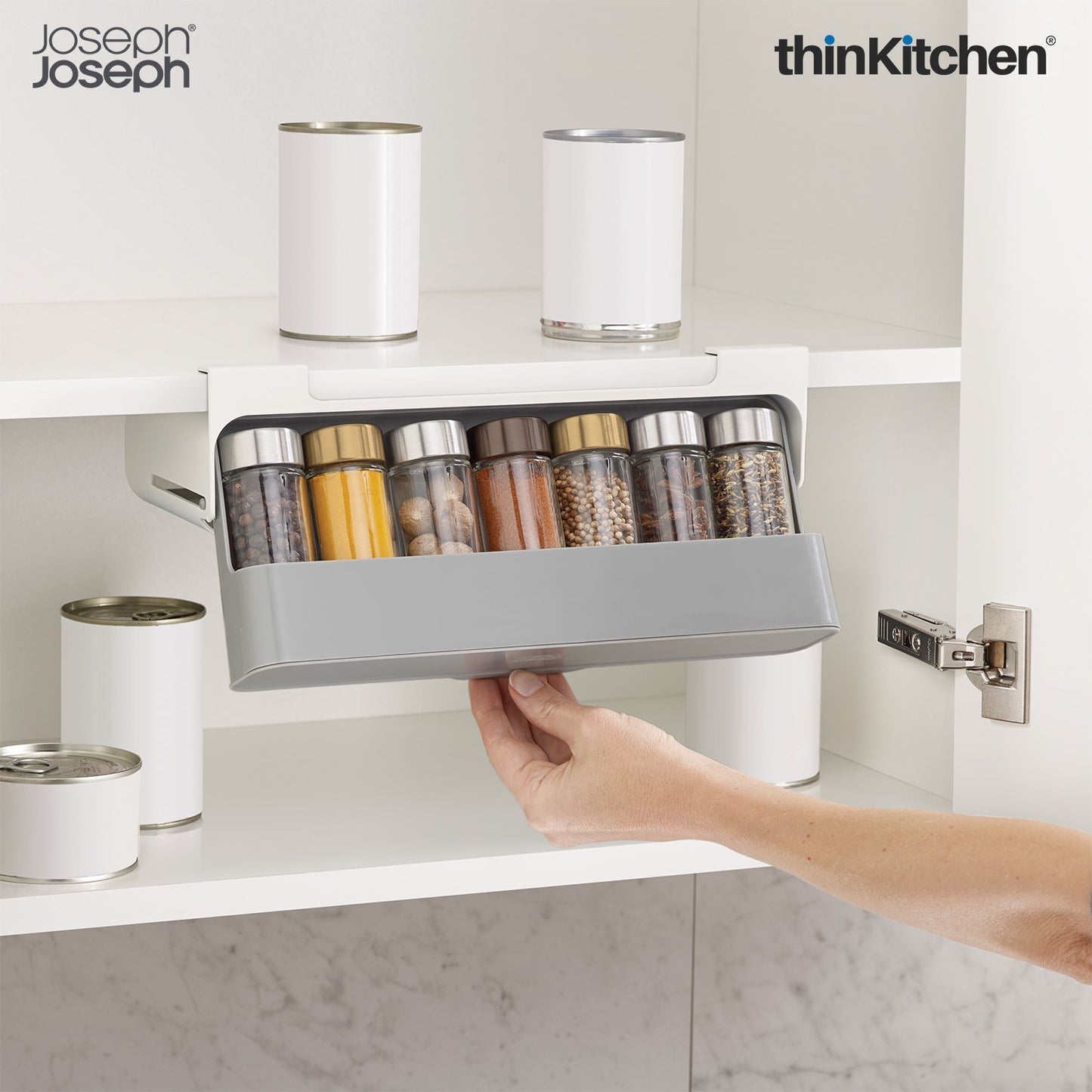 Joseph Joseph 85147 Cup Board Store Spice Organizer 3M Tape Under-Shelf Pull Out Drawer Stotage for Cabinet, One-Size, Gray/White.