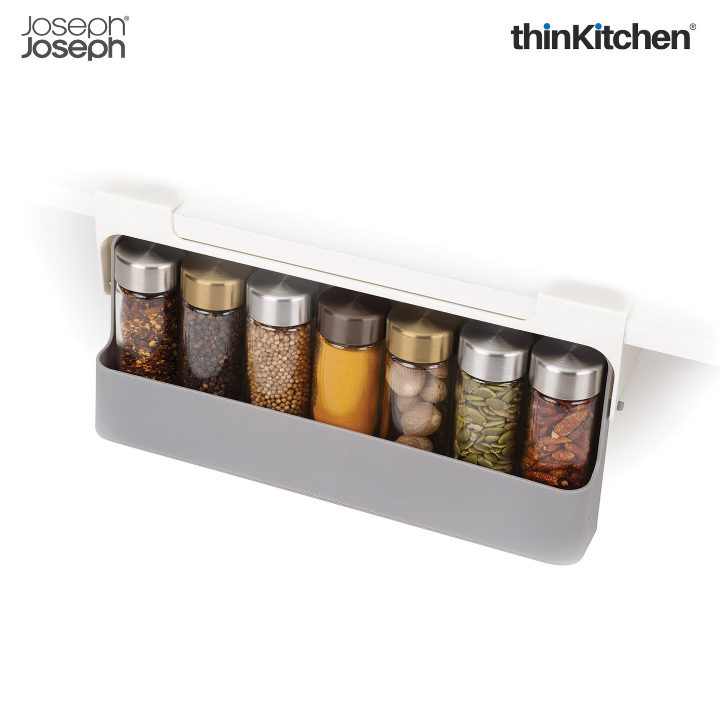 Joseph Joseph 85147 Cup Board Store Spice Organizer 3M Tape Under-Shelf Pull Out Drawer Stotage for Cabinet, One-Size, Gray/White.