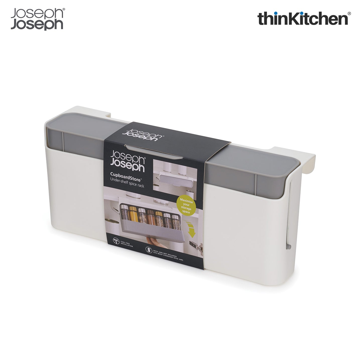 Joseph Joseph 85147 Cup Board Store Spice Organizer 3M Tape Under-Shelf Pull Out Drawer Stotage for Cabinet, One-Size, Gray/White.