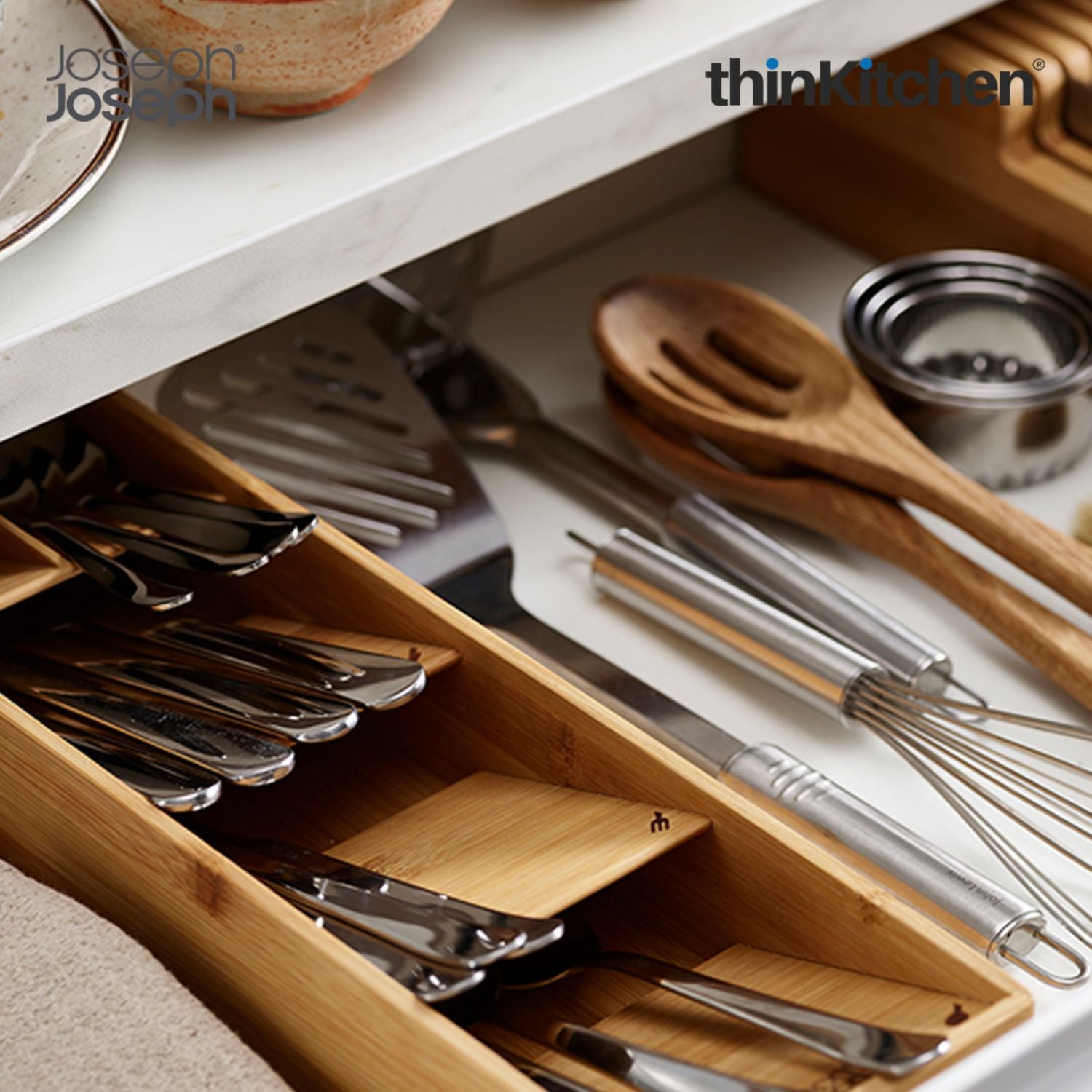 Joseph Joseph DrawerStore Bamboo Compact Cutlery Organizer Kitchen Cutlery Organizer with Stacked Compartments for Efficient Storage