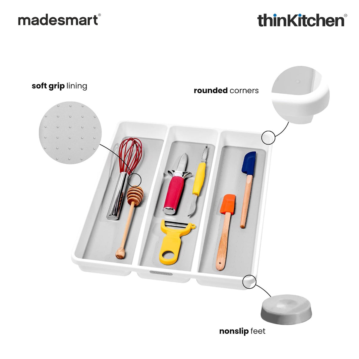 Madesmart Cooking Tools Organizer Tray, 3 Compartments, Utensils Kitchen Drawer Tray - White