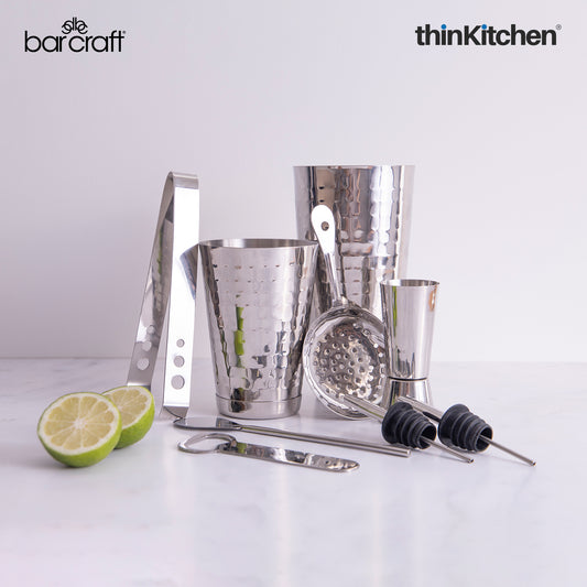 BarCraft 8-Piece Premium Stainless Steel Cocktail Shaker Set with Jigger, Ice Tongs, Spoon, Bottle Opener & Pourers