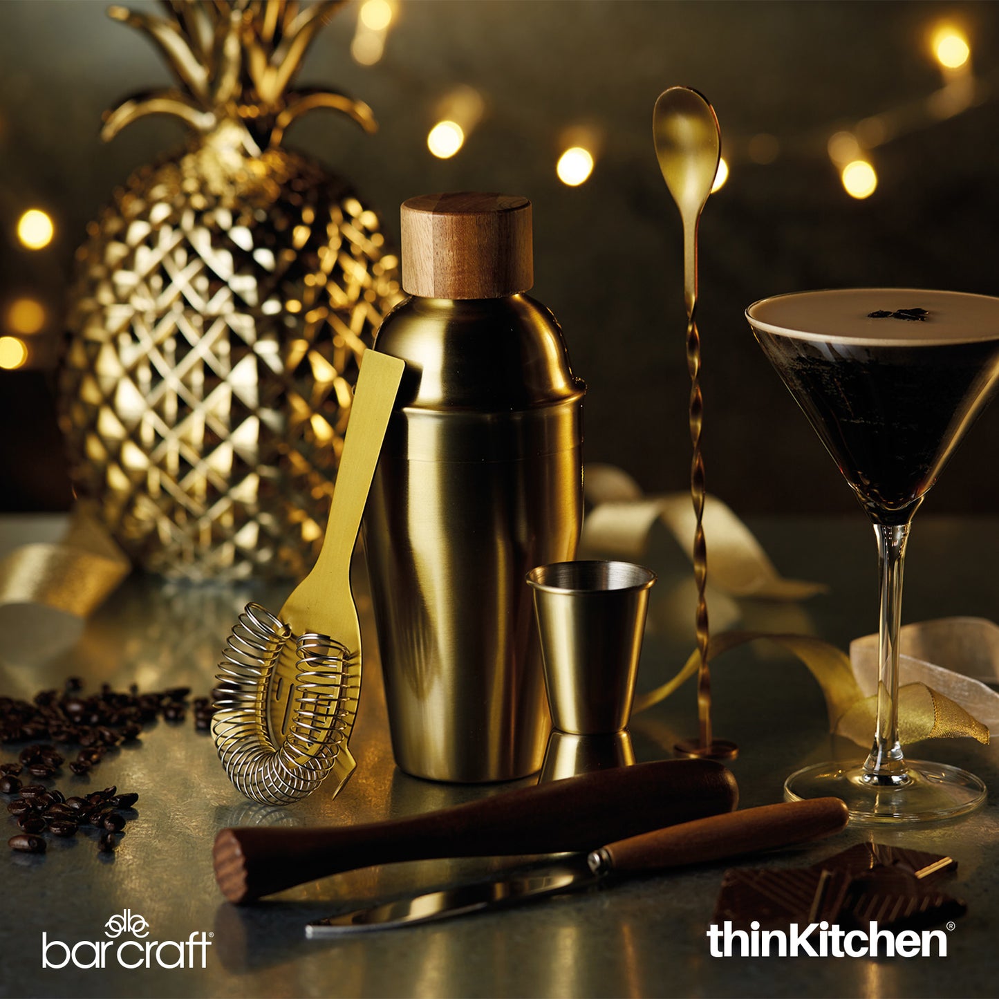 Barcraft Cocktail Mixing Set | 6 Piece Gift Set | Brass Finish