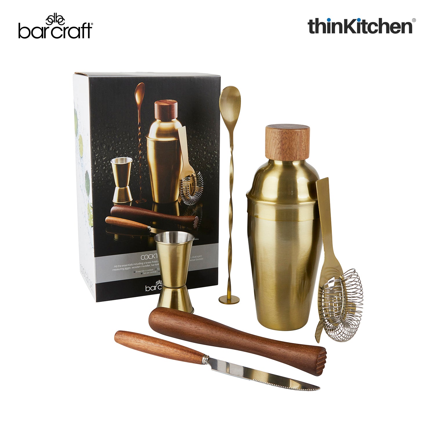 Barcraft Cocktail Mixing Set | 6 Piece Gift Set | Brass Finish - 2