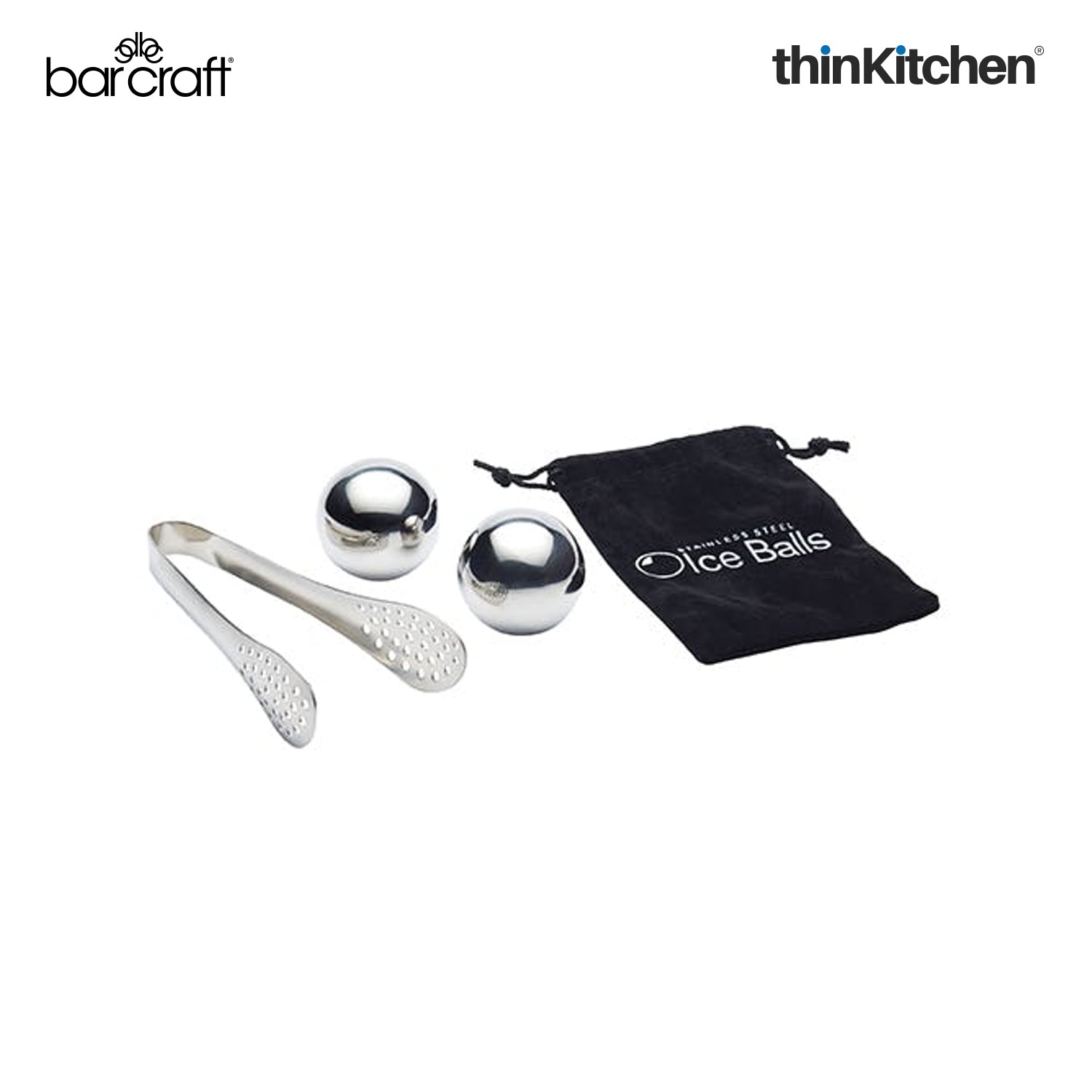 Barcraft 3 Pc Stainless Steel Ice Balls Tongs And Storage Bag Set - 2