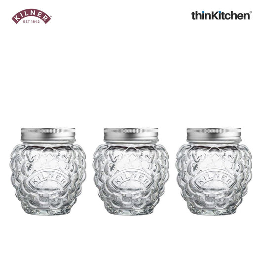 Kilner Set of 3 Strawberry Airtight Glass Jars - 400ml Each | Multipurpose Glass Containers ideal for Kitchen Storage