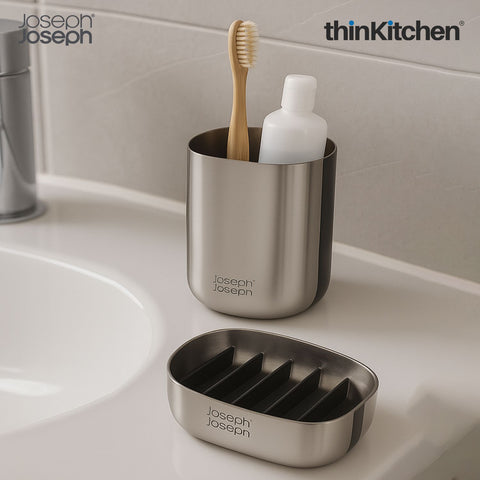 Joseph Joseph EasyStore Luxe Quick-drain Stainless-steel: Soap Dish x Toothbrush Caddy Combo set