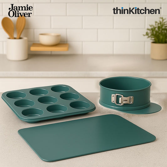 Non-Stick Bakeware combo set: Baking Sheet (Atlantic Green) x 12 Hole muffin Tin x Mini Springform Cake Tin (Set of 4)