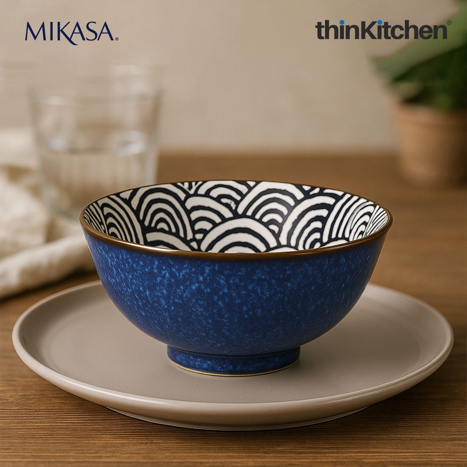 Mikasa Satori Indigo Elegance Set: Porcelain Dinner Plate, 27cm x Porcelain Rice Bowl, 16cm