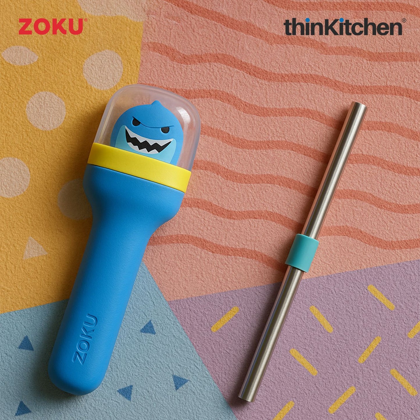 Zoku combo set of Kids Pocket Utensil Set (Shark) x Jumbo Pocket Straw (Teal)