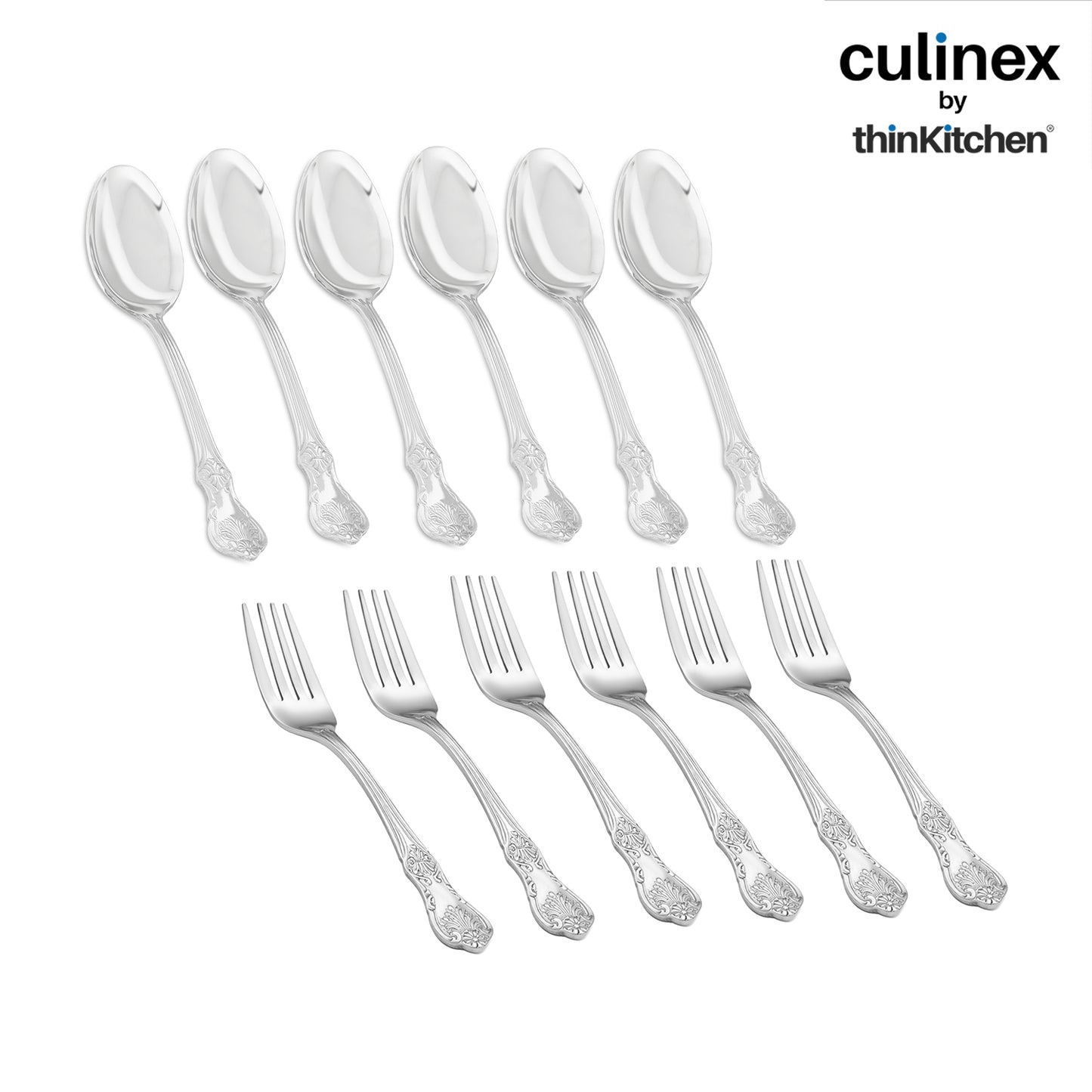 Culinex 18/8 Stainless Steel 6.4" Premoum Dessert Fork & Spoon Cutlery Set of 12, Fest Series | Rustproof Flatware By thinKitchen