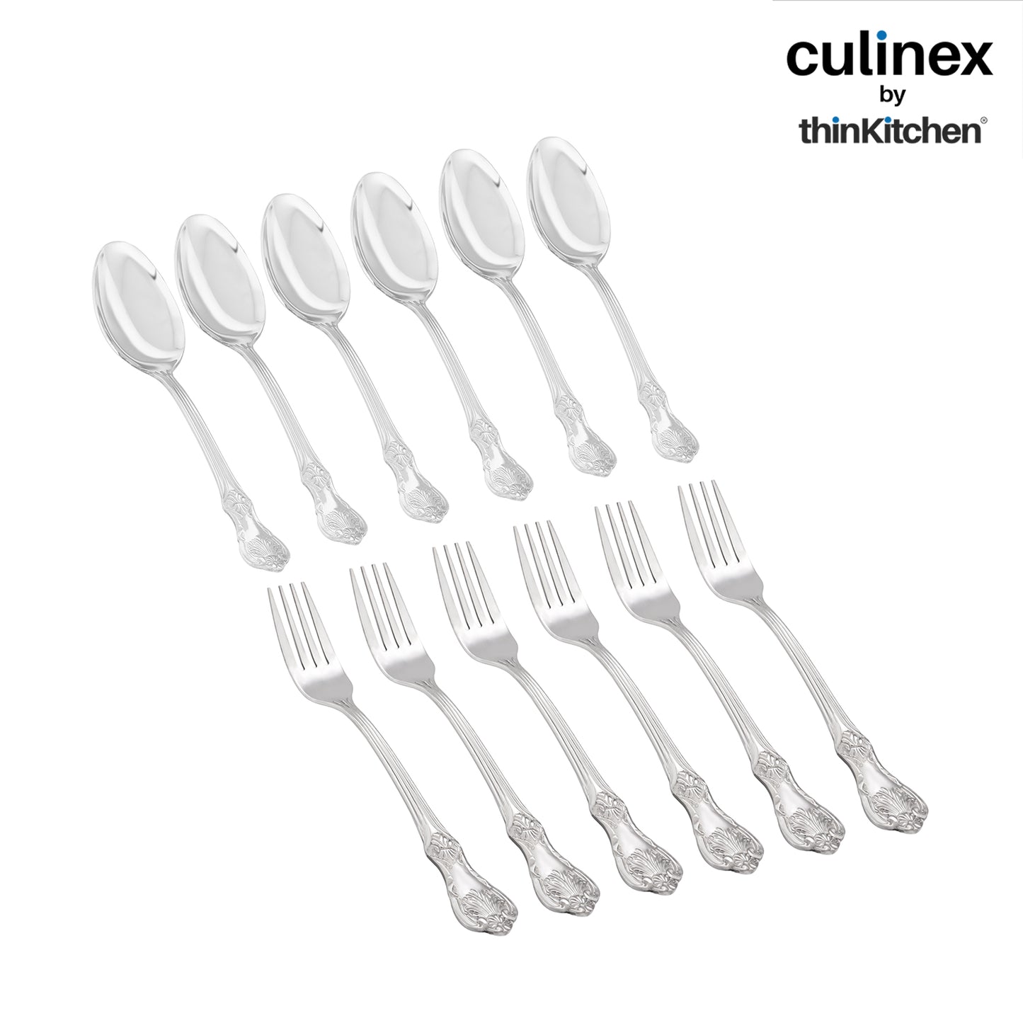 18/8 Premium Stainless Steel 7.6" Table Fork & Spoon Cutlery Set of 12, Fest Series| Rustproof Flatware By thinKitchen