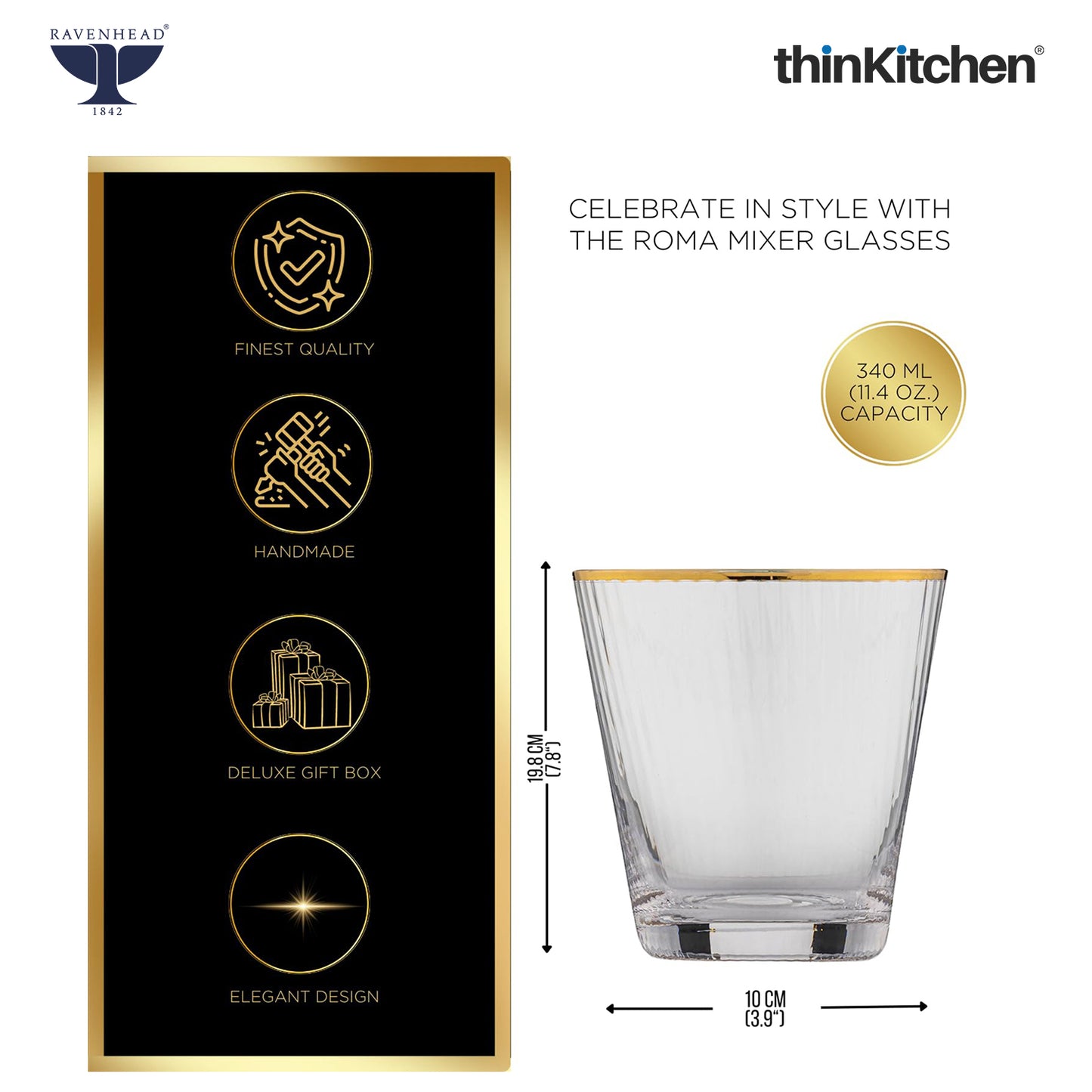 Ravenhead Premium International Whiskey Glasses, Set of 4, 340ml Each | ElegantShort Drinking Glass with for Whisky, Water, Drinks, Home Bar, Barware & Gifting for Home | Crafted in UK