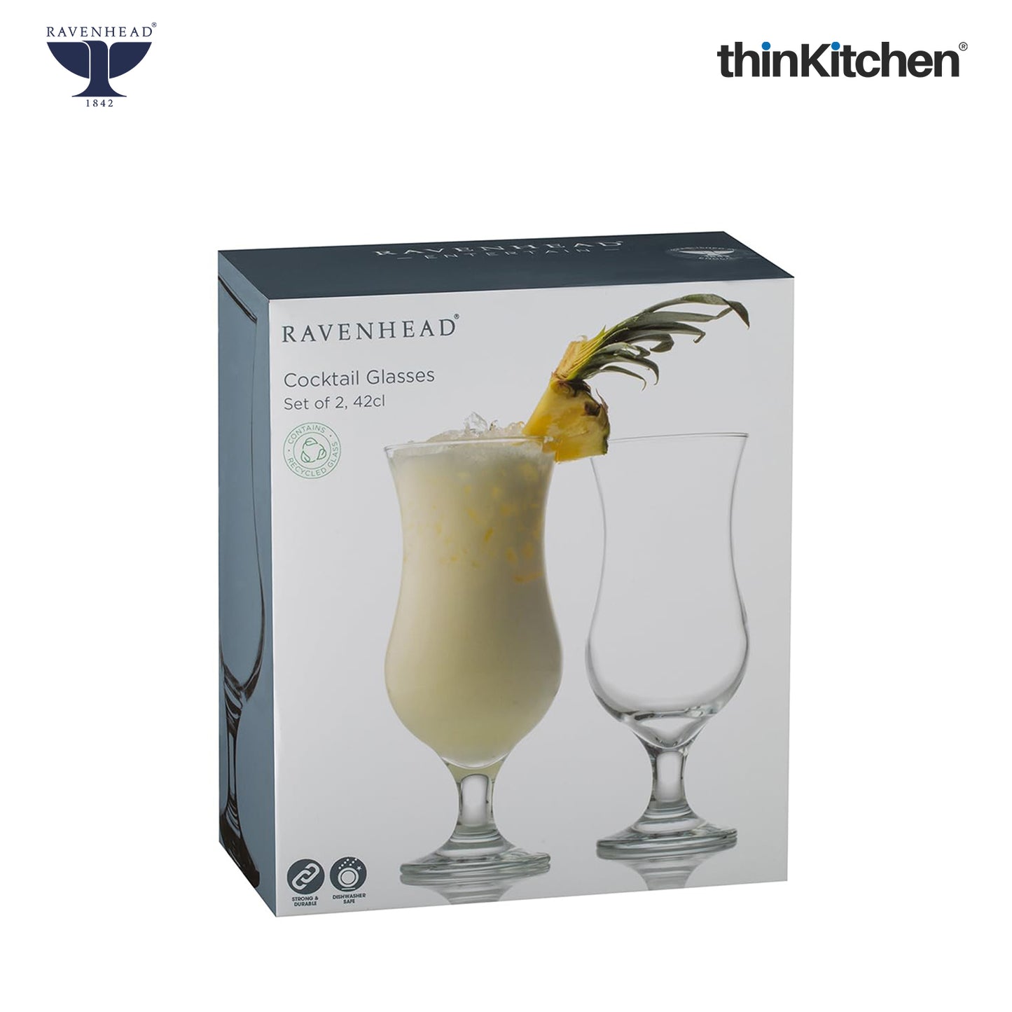 Ravenhead Premium Cocktail Transparent Glasses Set of 4, 420 ml | Short Stem Tulip/Hurricane Glass for Mojito, Pina Colada, Wine & Mocktails | Elegant Bar Glass for Home & Party, Crafted in UK