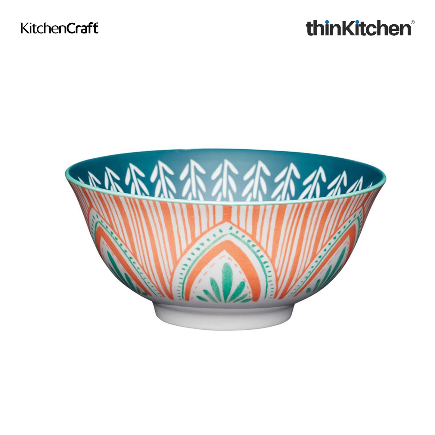 KitchenCraft Premium Stoneware 16 cm Serving Bowl Set of 2 for Soups, Cereal, Noodles, Snacks - Colorful Folk Pattern | Wide Rim, Microwave & Dishwasher Safe | Designed in UK