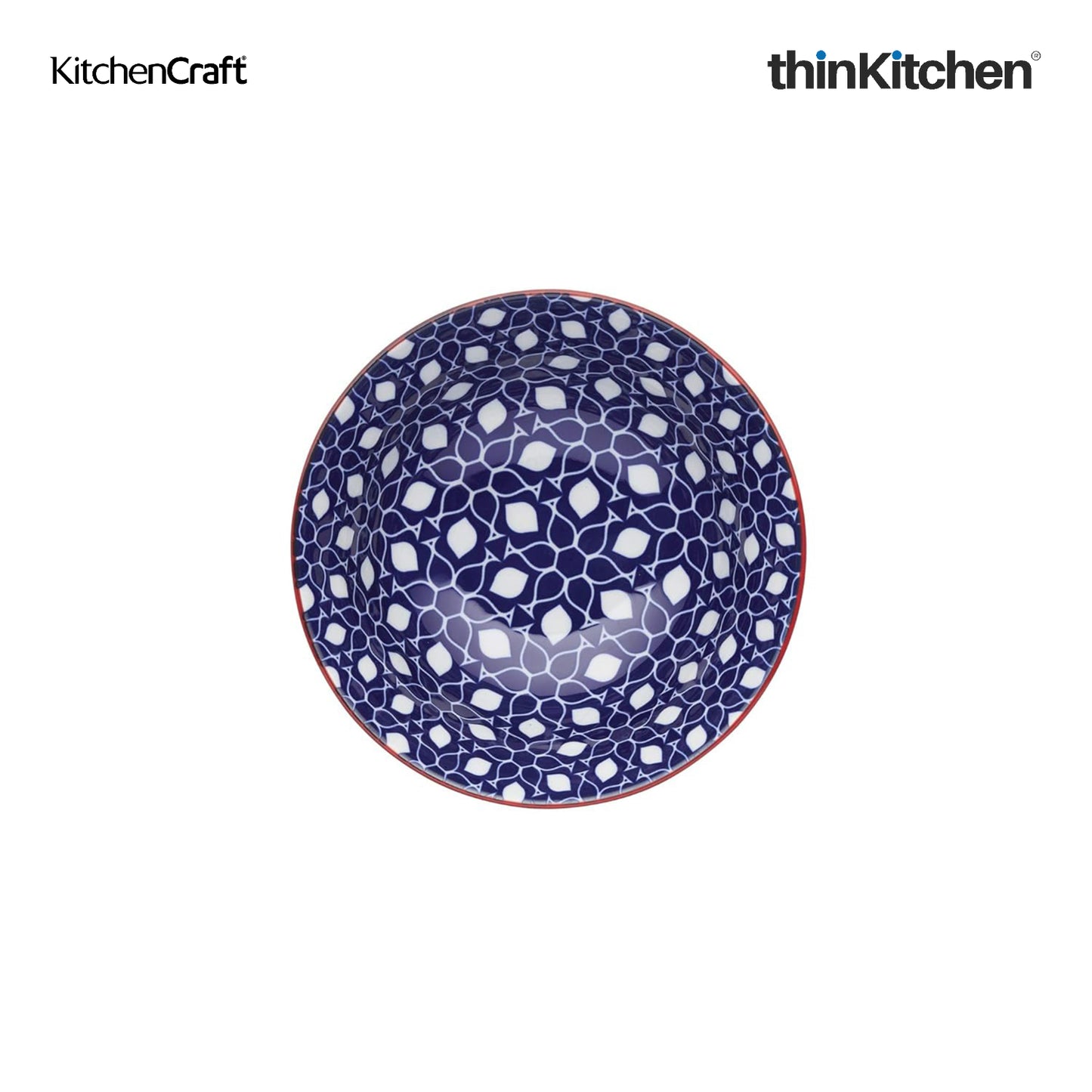 KitchenCraft Premium Stoneware 16 cm Serving Bowl Set of 4 for Soups, Cereal, Noodles, Snacks - Geometric Print | Wide Rim, Microwave & Dishwasher Safe | Designed in UK