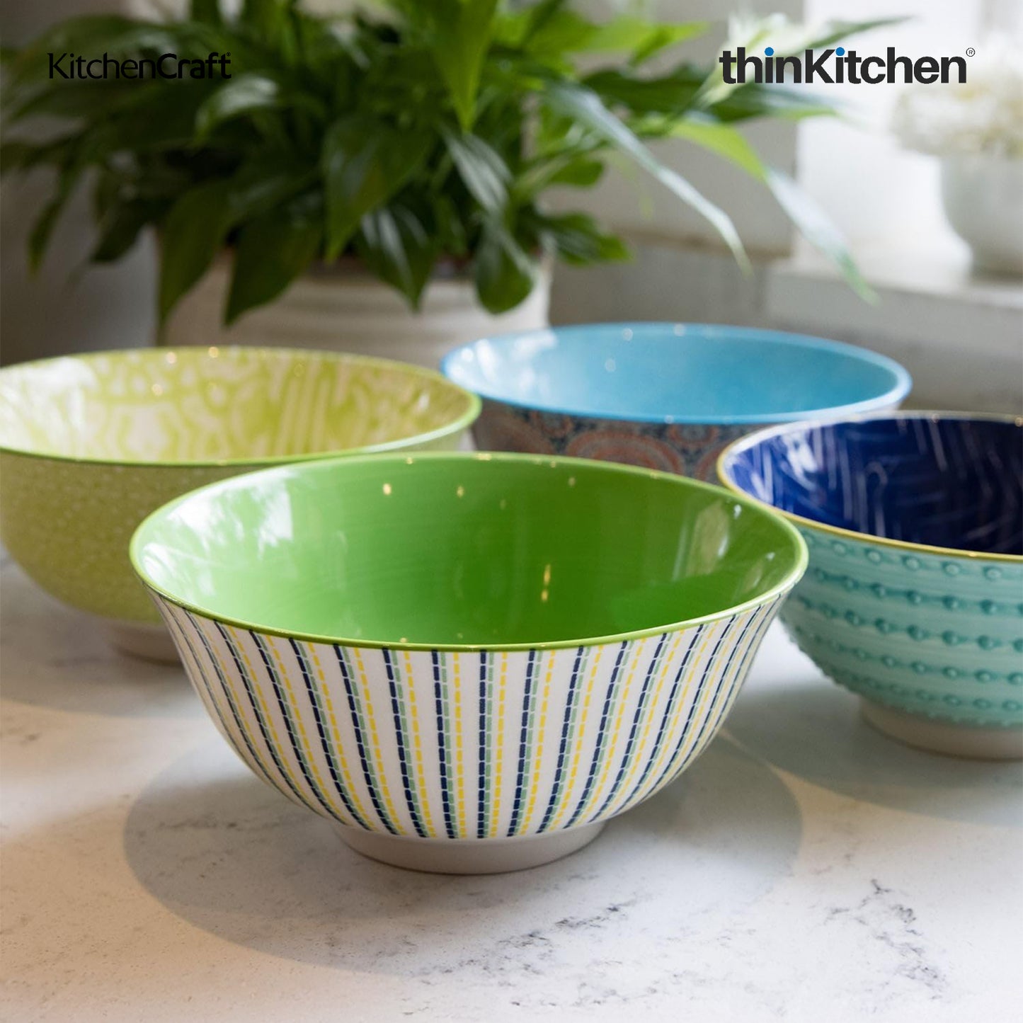 KitchenCraft Premium Stoneware 16 cm Serving Bowl Set of 4 for Soups, Cereal, Noodles, Snacks - Moroccan Lime | Wide Rim, Microwave & Dishwasher Safe | Designed in UK