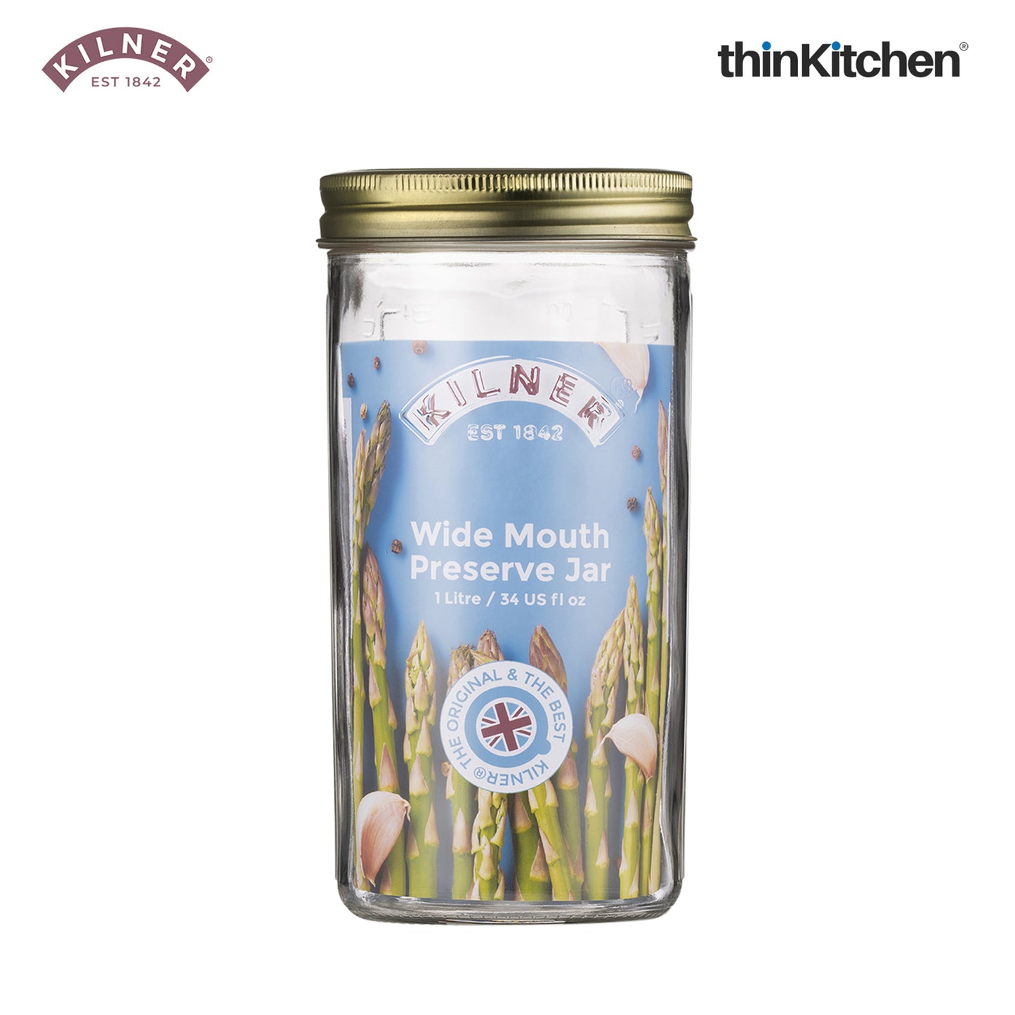 Kilner Premium Glass Borosilicate Wide Mouth Preserve Jar - 1 Litre | Reusable, Eco-Friendly Food Storage Container for Preserving and Storing, Set of 2