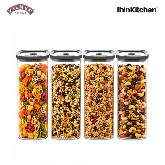 Kilner Premium 1.5 L Fresh Storage Airtight Glass Jar Set of 4 with Vacuum Seal for Cereals, Flour, Dry Goods, Pulses, Daals | BPA-Free, Eco-Friendly Kitchen Container