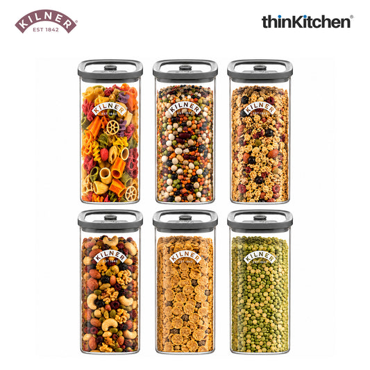 Kilner Premium 1.5 L Fresh Storage Airtight Glass Jar Set of 6 with Vacuum Seal for Cereals, Flour, Dry Goods, Pulses, Daals | BPA-Free, Eco-Friendly Kitchen Container
