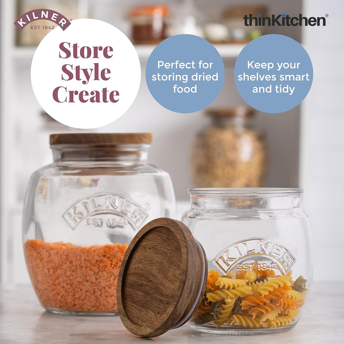 Kilner Premium Universal Airtight Glass Jar Set of 2 with Wooden Lid - 850ml | BPA Free, Reusable Kitchen Food Container for Dry Food, Grains, Pasta, Cereals, Pulses