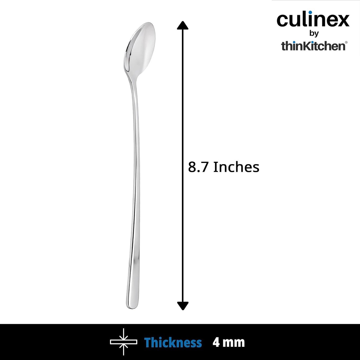 Culinex 18/8 Premium Stainless Steel 8.7" Long Handle Ice Tea Spoon Set of 4 - Extra Long Mixing & Stirring Spoons for Ice Cream, Cocktails, Tall Glass | Rust Resistant, Dishwasher Safe Cutlery