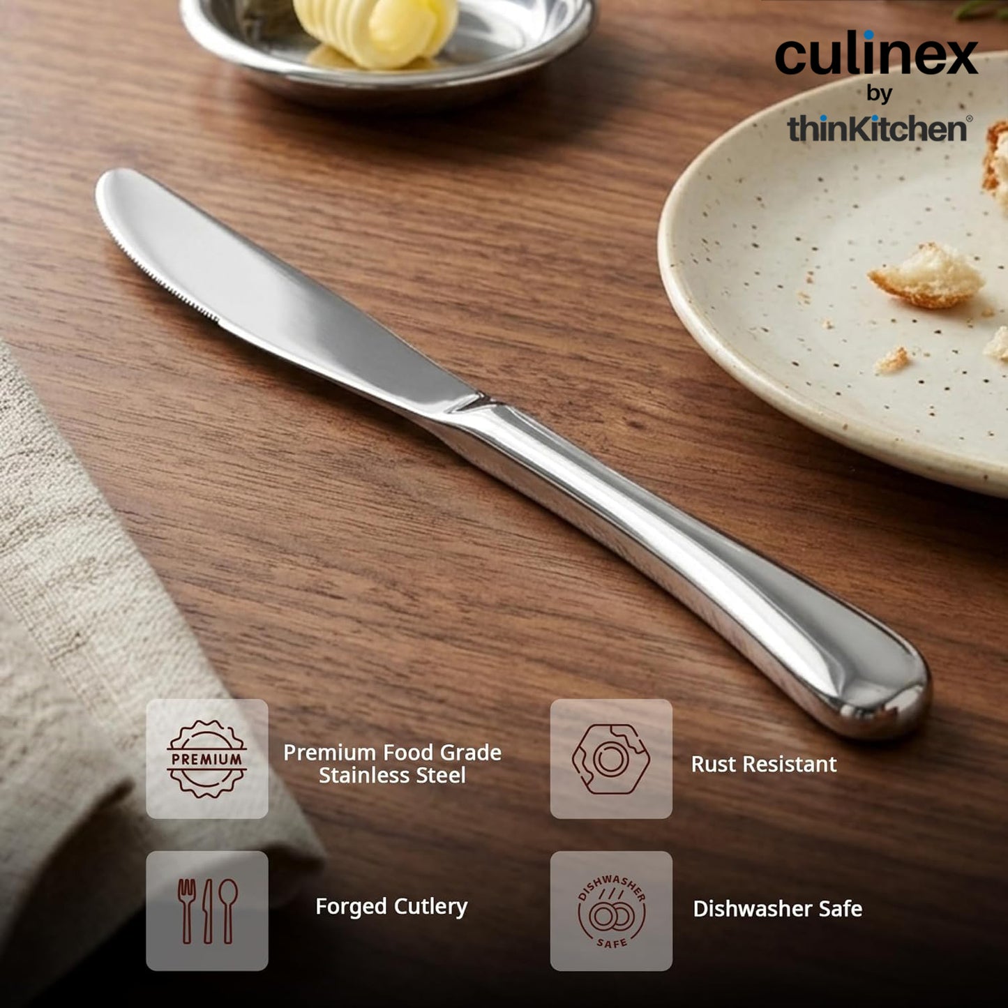 Culinex Premium Stainless Steel 8.5" Dinner Knife Set of 4 for Dining, Home & Kitchen | Rustproof Table Butter Knives, Silver Flatware by thinKitchen (Dora)
