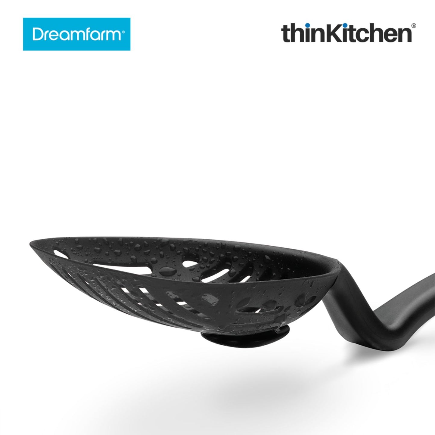 Dreamfarm Lestrain Drip Catching Sit Up Scoop Strainer Keeps Bench Tops Mess Free Flexible Dripless Slotted Spoon Food Strainer Black