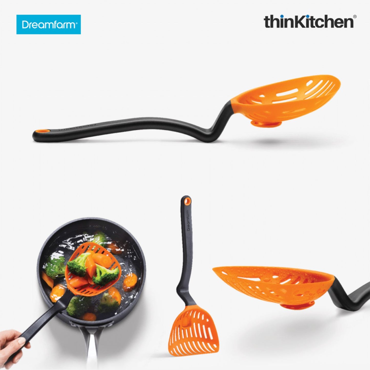 Dreamfarm Lestrain Drip Catching Sit Up Scoop Strainer Keeps Bench Tops Mess Free Flexible Dripless Slotted Spoon Food Strainer Orange