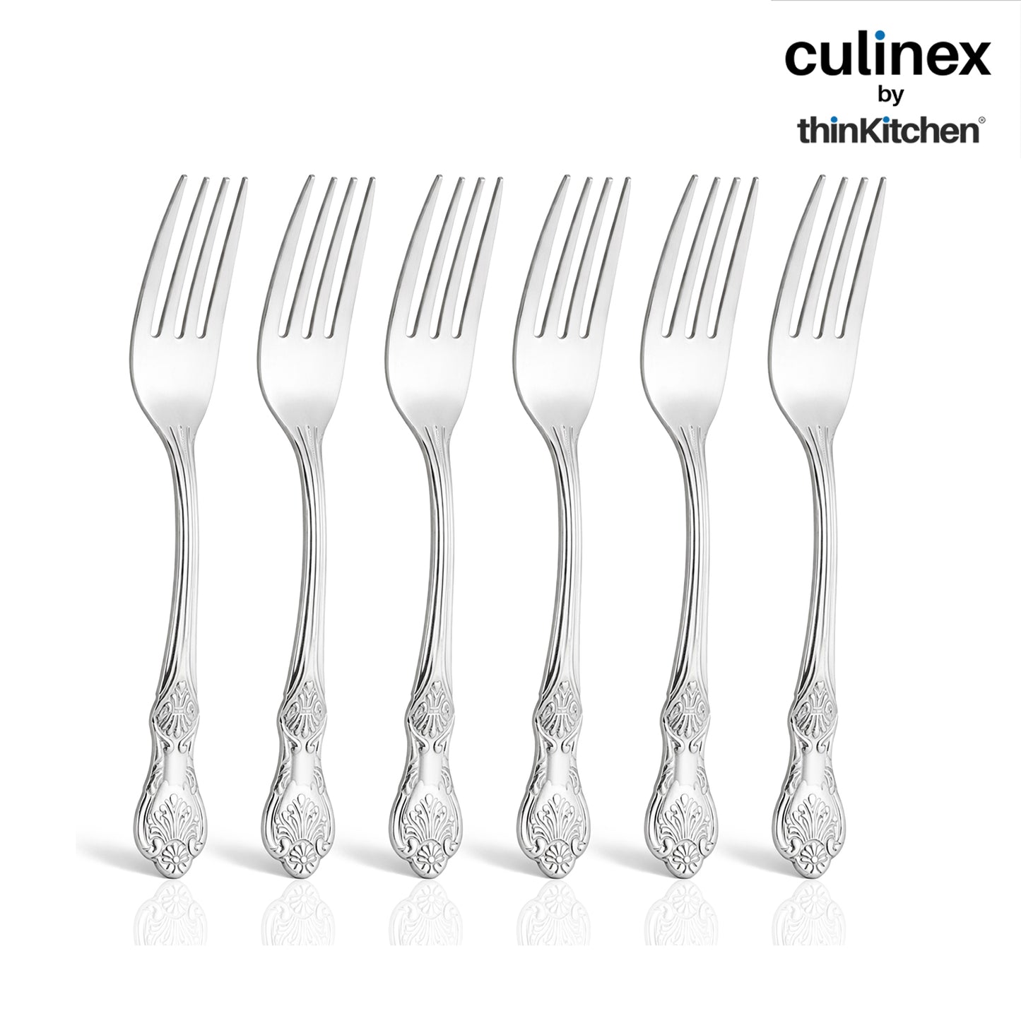 Culinex 18/8 Stainless Steel 6.4" Premium Dessert Fork Set of 6 for Dining Table, Kitchen | Silver Rustproof Flatware By thinKitchen (Fest)