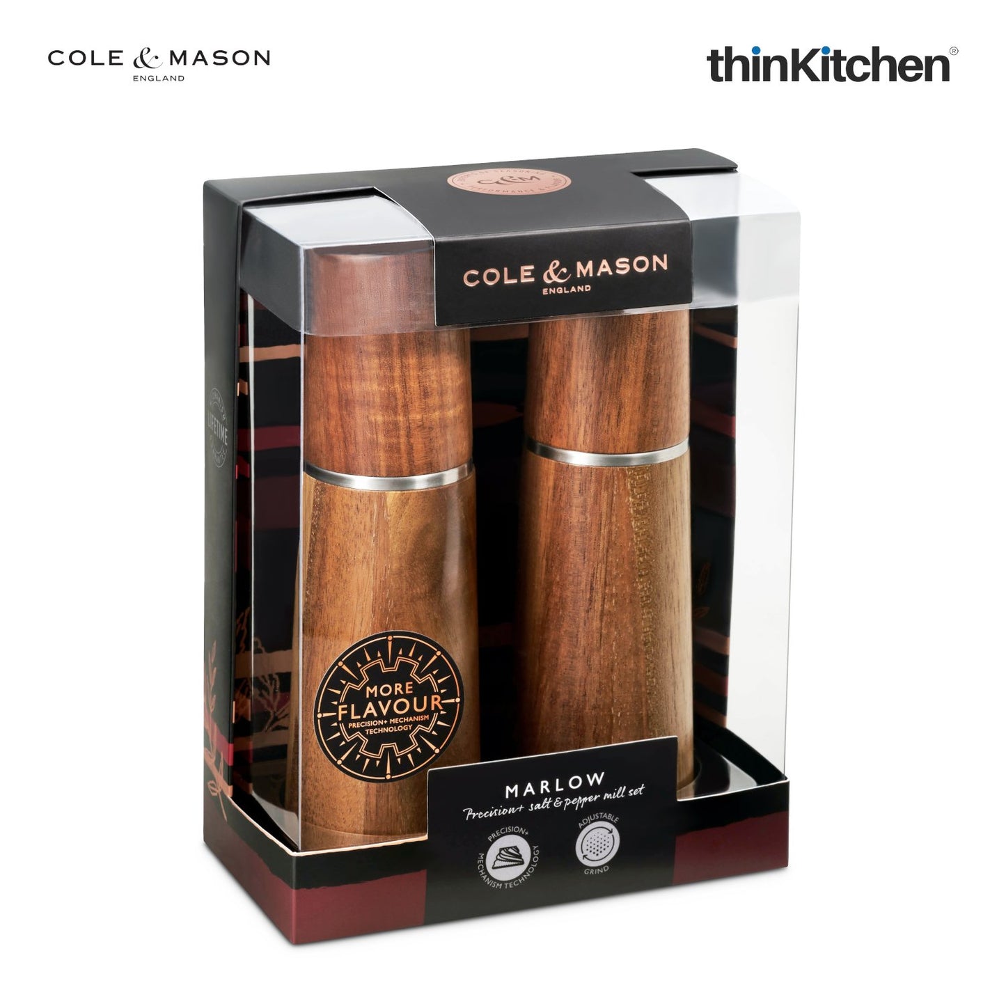 Cole & Mason Marlow Acacia Wood Salt and Pepper Grinder Mill Set – 18.5cm, Precision+ Mechanism