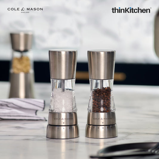 Cole & Mason Premium Derwent Mini Salt & Pepper Mill Set, 15.7cm | Transparent Acrylic & Stainless Steel Spice Grinder Set with Adjustable Grinding Levels